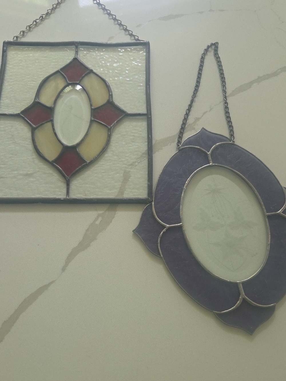 2 Handcrafted Stained Glass Hanging Wall Accents - Purple & Cream/red
